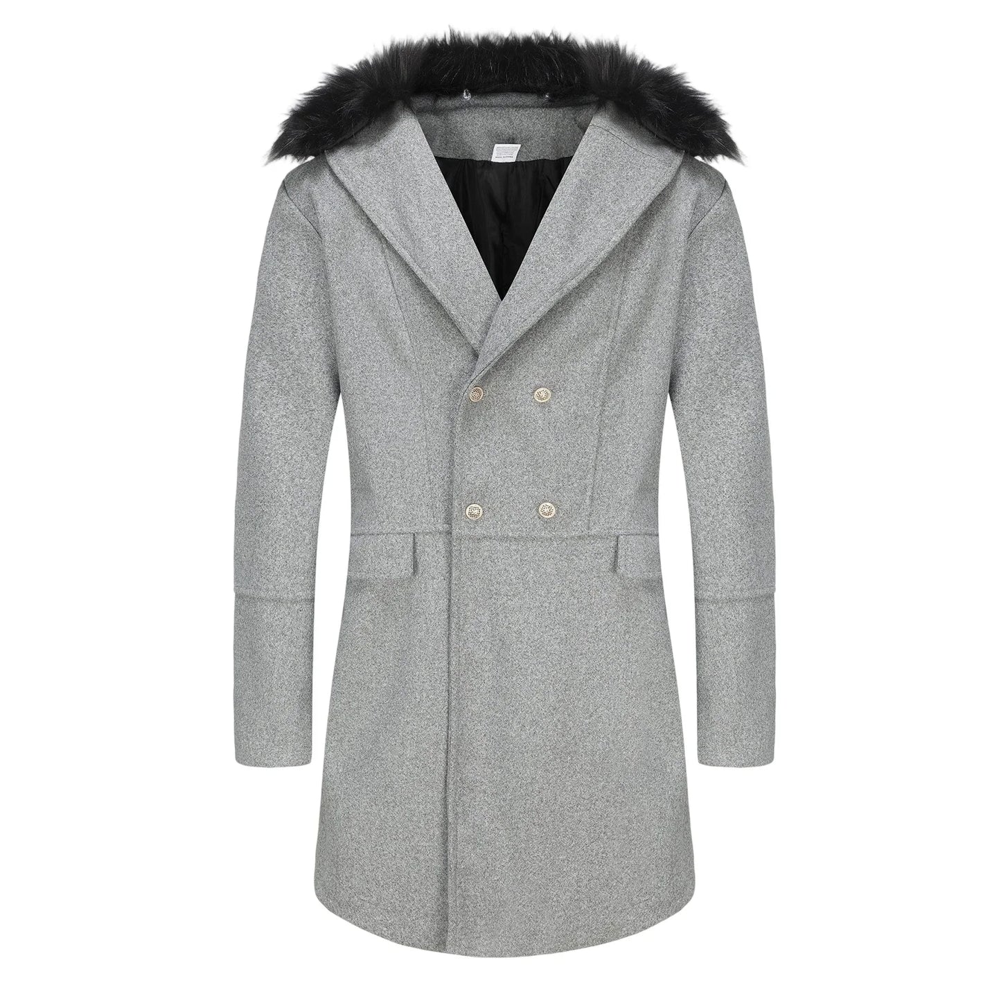 Men s Classic Double Breasted Trench Coat with Removable Fur Collar Mid-Length Wool Blend Overcoat for Winter Warmth