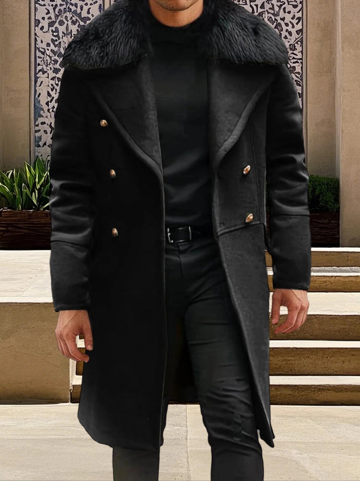 Men s Classic Double Breasted Trench Coat with Removable Fur Collar Mid-Length Wool Blend Overcoat for Winter Warmth