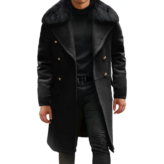 Men s Classic Double Breasted Trench Coat with Removable Fur Collar Mid-Length Wool Blend Overcoat for Winter Warmth